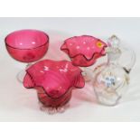 Three pieces of cranberry glass twinned with a Vic