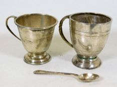 Two silver christening cups & a silver spoon