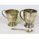 Two silver christening cups & a silver spoon