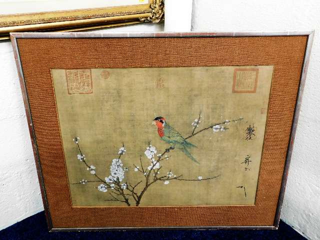 A Chinese hand coloured print of bird on floral br