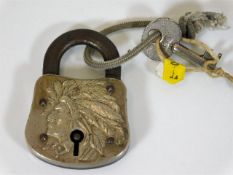 A Corbin Indian chief padlock with key
