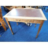 An antique desk with leather style top & brass han