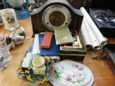 An oak mantle clock & other sundry items