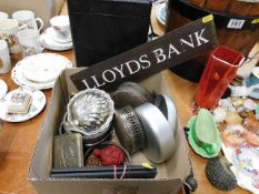 A brass Lloyds Bank sign, silver plated wares & re