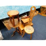 An elm wine rack, a spinning chair & other items