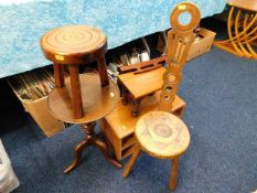 An elm wine rack, a spinning chair & other items