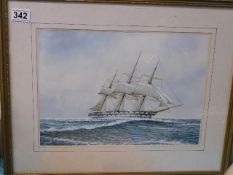 A framed watercolour of 19thC. sail ship