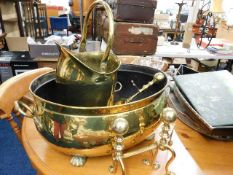 A large brass log box & other fireside items