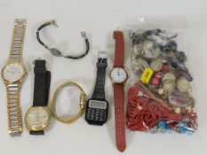 A selection of watches & a bag of costume jeweller
