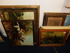 A hunt scene in maple frame & other prints & paint