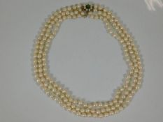 A set of Mikimoto style triple strand pearl necklace set with Akoya & turquoise 9ct gold clasp