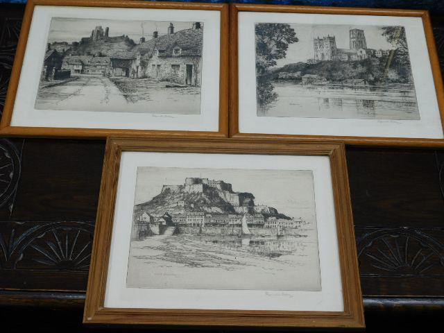 Three Reginald Green pencil signed framed etchings