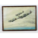 A framed WW2 watercolour of three Spitfire places
