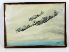 A framed WW2 watercolour of three Spitfire places