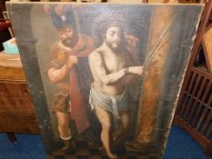 A large 16thC. unframed Spanish oil of religious interest depicting Christ being disrobed by Roman g