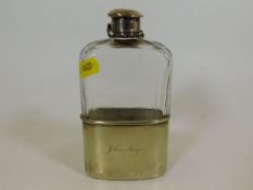 A Victorian faceted glass hip flask with silver pl