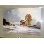 A framed watercolour of winter landscape signed Re