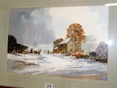 A framed watercolour of winter landscape signed Re