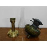 A Loetz style Victorian oil lamp with brass well,