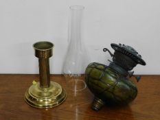 A Loetz style Victorian oil lamp with brass well,