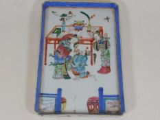 A 19thC. Chinese polychrome tray, stapled repair t