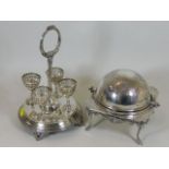 A silver plated egg cup set twinned with similar m