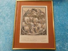 A framed coloured William Hogarth etching dated 17