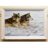 A framed Kim Holweg oil on panel of wolves in snow