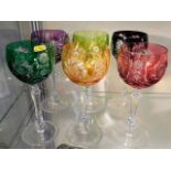 Six cut glass Bohemian coloured hock glasses