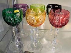 Six cut glass Bohemian coloured hock glasses