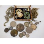 Two Albert chains, some silver coinage & sundry it