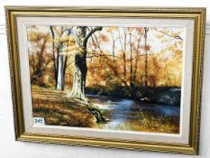 A framed autumnal river & woodland oil by Cornish