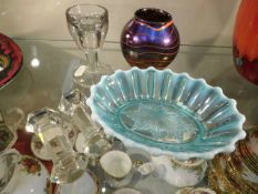 A Victorian vaseline dish, a signed iridescent vas