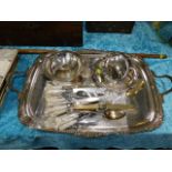 A silver plated tray, two pieces of silver plated