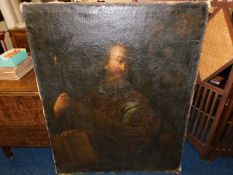 A large 16thC. Spanish unframed oil of religious interest appearing to depict a man holding cross, a