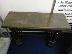A 18thC. continental green marble topped side table supported via twelve turned pillars