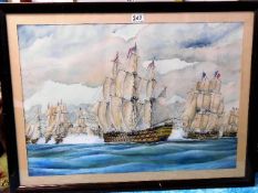 A framed watercolour depicting galleons at sea mon