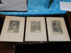 Three framed etchings of Edinburgh signed in penci