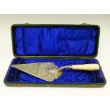 Late Victorian engraved and chased silver plated trowel with script 'Presented To Mrs W.P.Griffith