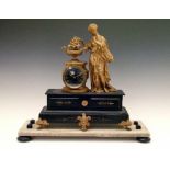 Late 19th Century French black slate and gilded spelter figural cased mantel clock surmounted with a