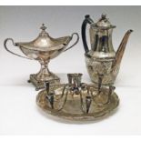 Silver plated oval tureen and cover on a square foot, similar coffee pot, platter etc Condition: