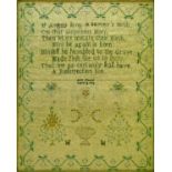 George III needlework sampler decorated with flowers and dogs and with script 'If Angels Sung A