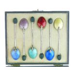 Set of six George V silver and polychrome enamel coffee bean spoons, Birmingham 1935, cased