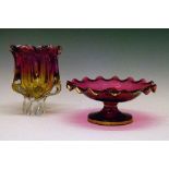 Continental freeform pink and amber glass vase together with a gilt highlighted ruby glass comport