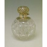 Victorian hobnail cut glass globular scent bottle, the embossed and engraved silver hinged cover