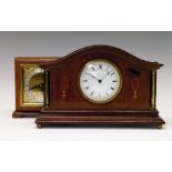 Early 20th Century inlaid mahogany cased mantel clock, the white enamel dial with Roman numerals