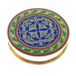 Good quality Continental silver gilt and polychrome enamel circular box having a hinged cover and