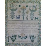 19th Century needlework sampler decorated with sailing boats, trees, flowers and animals and with