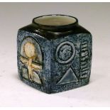 Troika square preserve jar having typical geometric decoration on a textured ground, base with