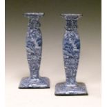 Pair of Fenton Old Foley Ware blue and white transfer printed candlesticks, each decorated with